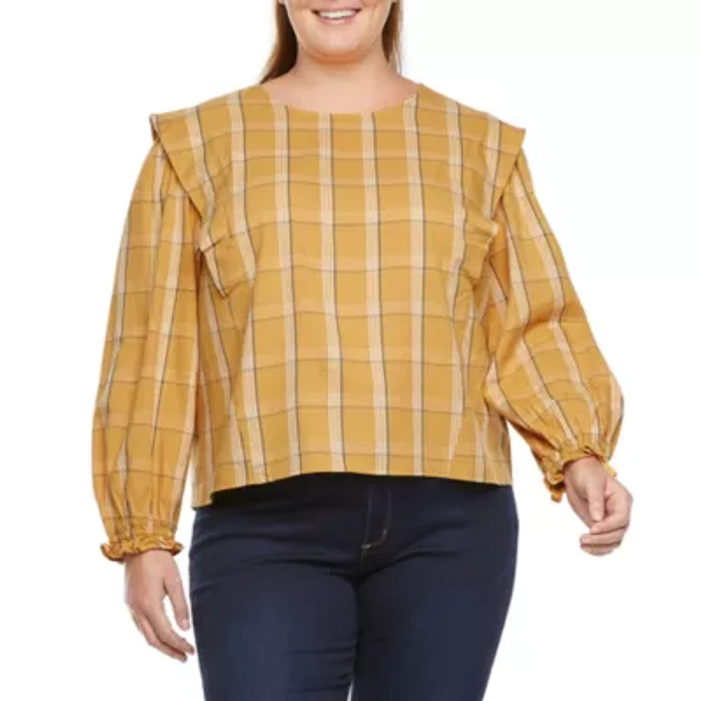 a.n.a Plus Womens Round Neck Long Sleeve Blouse