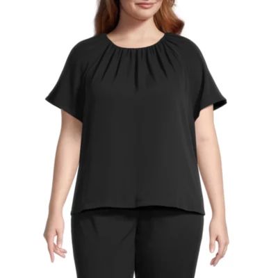 Worthington Plus Womens Crew Neck Short Sleeve Blouse