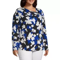 Liz Claiborne Plus Womens Asymmetrical Neck Long Sleeve Blouse