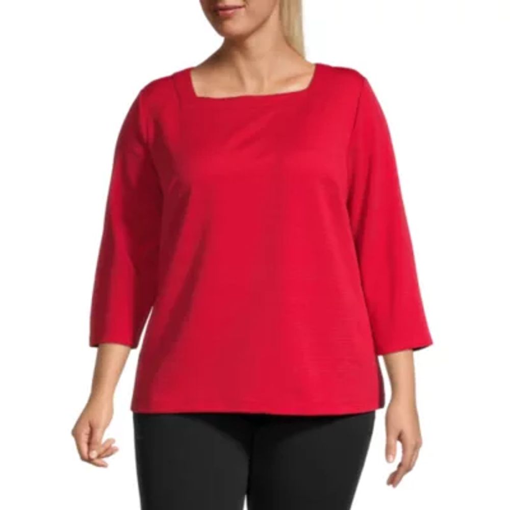 Liz Claiborne Plus Womens Square Neck 3/4 Sleeve Blouse