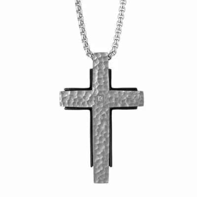 Mens White Diamond Stainless Steel Cross Pendant Necklace