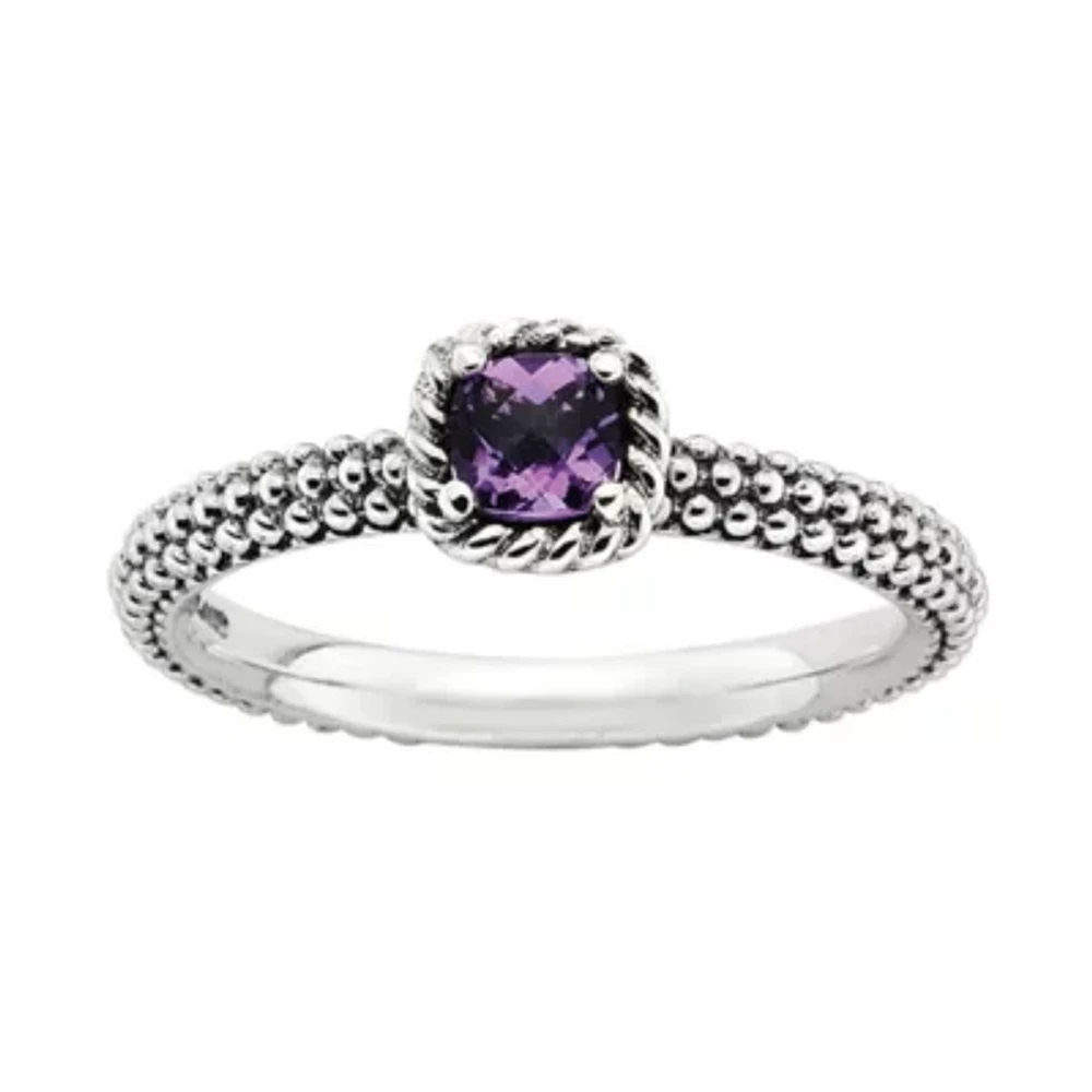Personally Stackable Checker-Cut Genuine Amethyst Ring