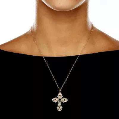 Womens Diamond Accent Genuine Blue Sapphire 18K Gold Over Silver Cross Pendant Necklace