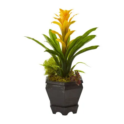 Nearly Natural Yellow Bromeliad In Black Hexagon Planter Artificial Plant