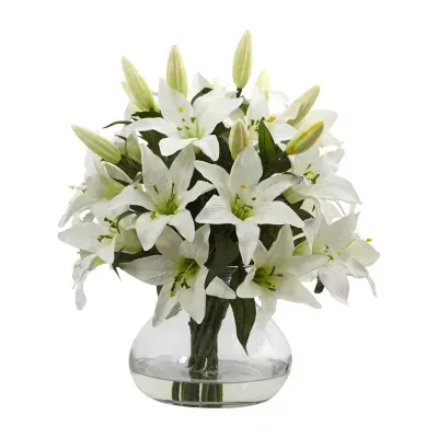Nearly Natural 16h Lily Silk Arrangement With Glass Vase Artificial Flowers