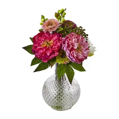 Nearly Natural Peony And Mum In Glass Vase Artificial Flowers