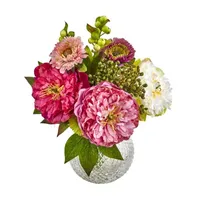 Nearly Natural Peony And Mum In Glass Vase Artificial Flowers