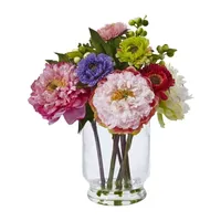 Nearly Natural Peony And Mum In Glass Vase Artificial Flowers