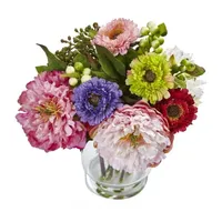 Nearly Natural Peony And Mum In Glass Vase Artificial Flowers