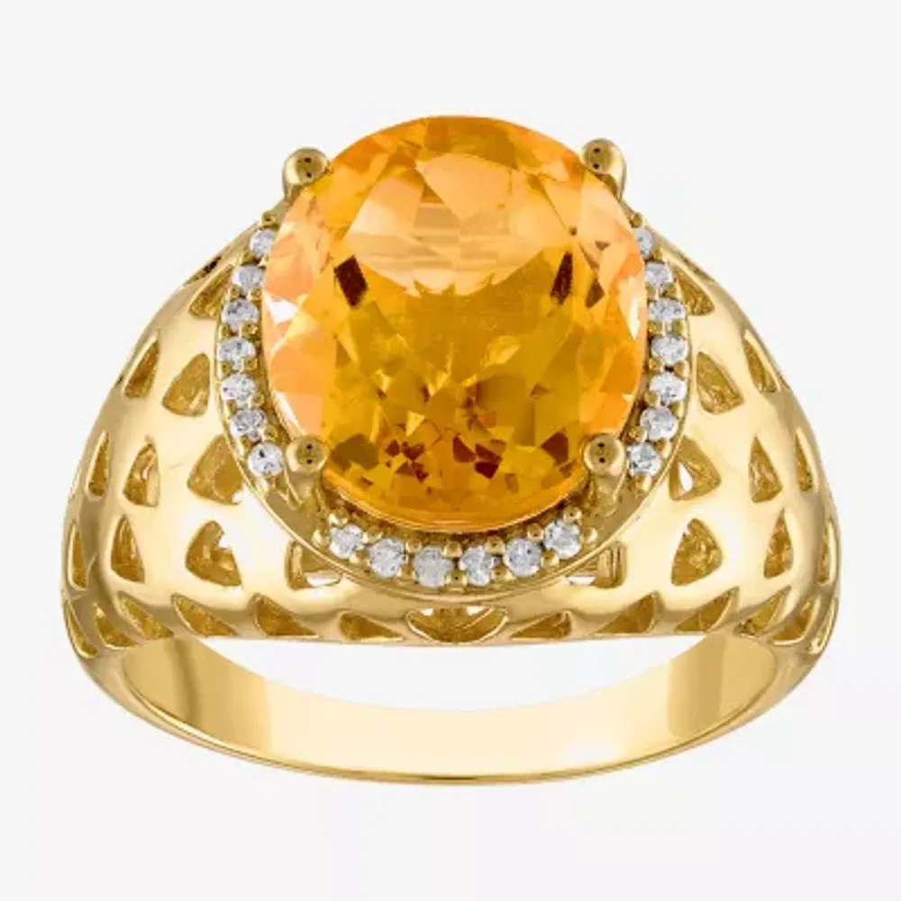 Womens Genuine Yellow Citrine & 1/7 CT. T.W. Diamond 14K Gold Over Silver Cocktail Ring