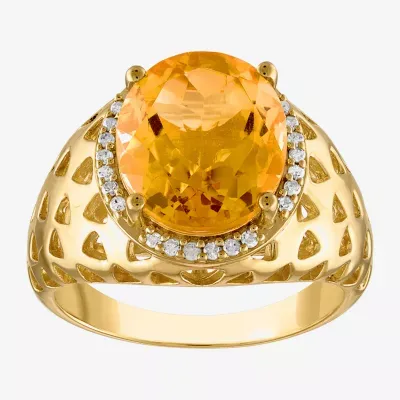 Womens Genuine Yellow Citrine & 1/7 CT. T.W. Diamond 14K Gold Over Silver Cocktail Ring