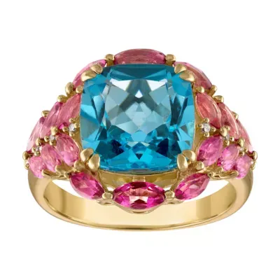 Womens Genuine Blue & Pink Topaz 14K Gold Over Silver Cocktail Ring