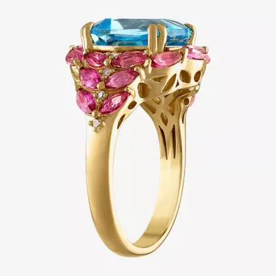 Womens Genuine Blue & Pink Topaz 14K Gold Over Silver Cocktail Ring