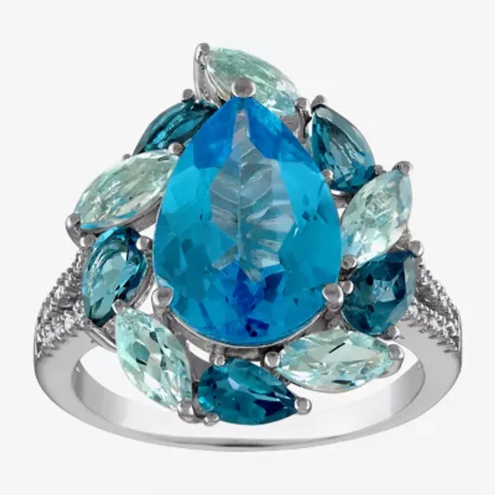 Womens Genuine Blue Topaz & 1/7 CT. T.W. Diamond  Sterling Silver Cocktail Ring