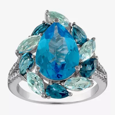 Womens Genuine Blue Topaz & 1/7 CT. T.W. Diamond  Sterling Silver Cocktail Ring