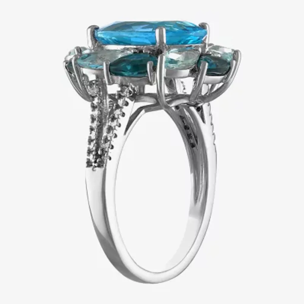 Womens Genuine Blue Topaz & 1/7 CT. T.W. Diamond  Sterling Silver Cocktail Ring