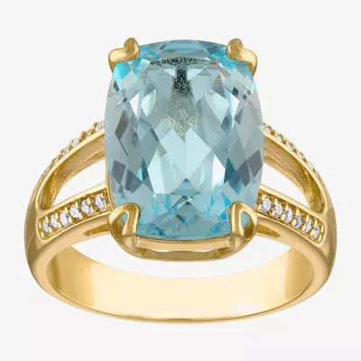 Womens Genuine Blue Topaz & 1/10 CT. T.W. Diamond 14K Gold Over Silver Cocktail Ring