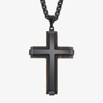 Wooden Mens Stainless Steel Cross Pendant Necklace