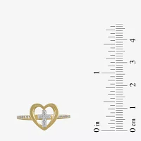 Womens Lab Created White Sapphire 14K Gold Over Silver Cross Heart Delicate Side Stone Cocktail Ring