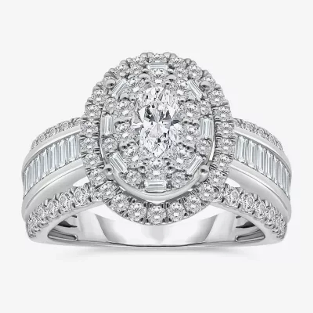 (I / I1) Womens 2 CT. T.W. Lab Grown White Diamond 10K Gold Oval Side Stone Engagement Ring