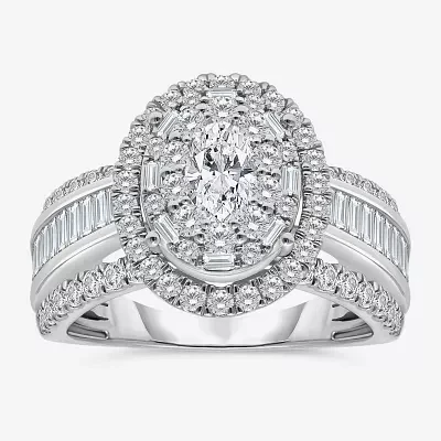 (I / I1) Womens 2 CT. T.W. Lab Grown White Diamond 10K Gold Oval Side Stone Engagement Ring