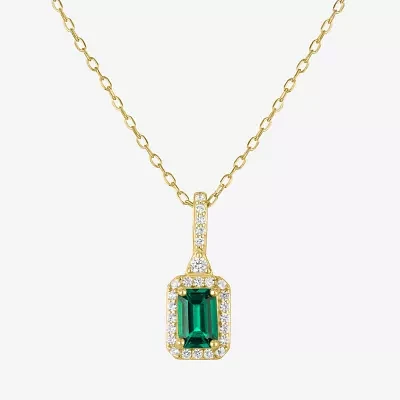 Yes Womens Lab Created Green Emerald 14K Gold Over Silver Pendant Necklaces