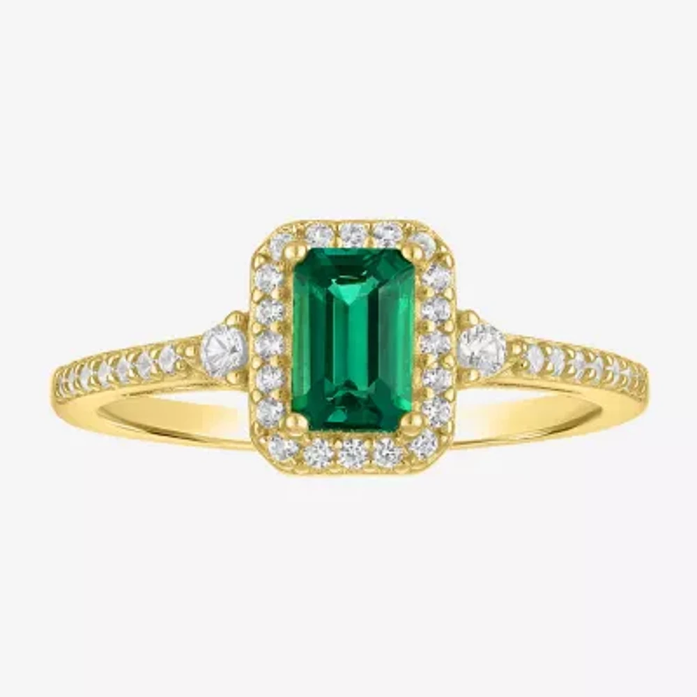 Yes, Please! Womens Lab Created Green Emerald 14K Gold Over Silver Halo Side Stone Cocktail Ring
