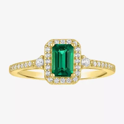 Yes, Please! Womens Lab Created Green Emerald 14K Gold Over Silver Halo Side Stone Cocktail Ring