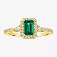 Yes, Please! Womens Lab Created Green Emerald 14K Gold Over Silver Halo Side Stone Cocktail Ring
