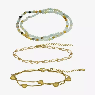 Gold Reflections 4-pc. Amazonite 14K Gold Over Brass 7.5 Inch Bead Heart Bracelet Set