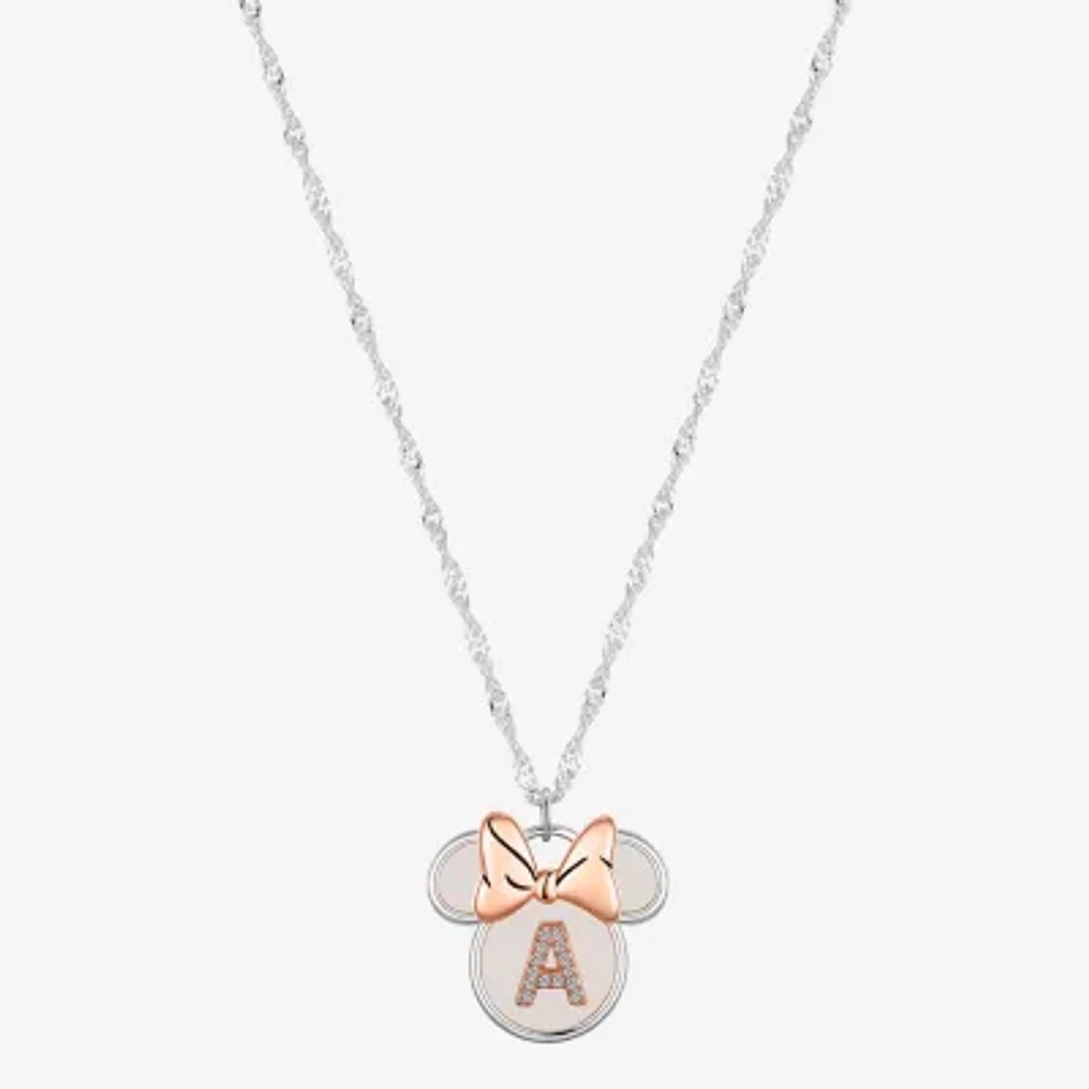 Disney Classics Initial Womens White Mother Of Pearl 14k Rose Gold Over Brass Pure Silver Bow 16 Inch Pendant Necklace