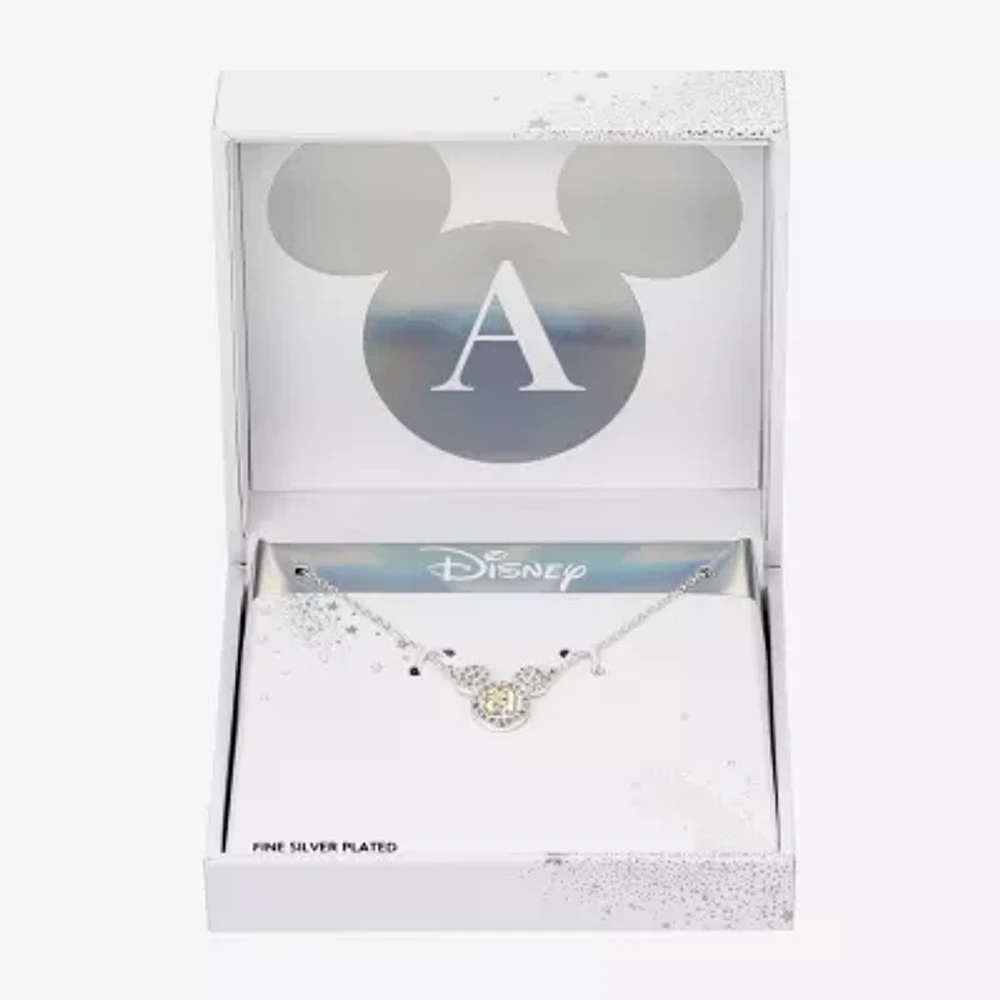 Disney Classics Initial Cubic Zirconia 14K Gold Over Brass Pure Silver 16 Inch Cable Mickey Mouse Pendant Necklace