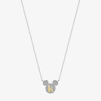 Disney Classics Initial Cubic Zirconia 14K Gold Over Brass Pure Silver 16 Inch Cable Mickey Mouse Pendant Necklace