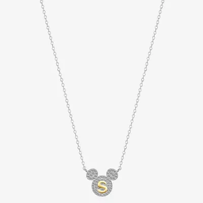 Disney Classics Initial Cubic Zirconia 14K Gold Over Brass Pure Silver Over Brass 16 Inch Cable Mickey Mouse Pendant Necklace