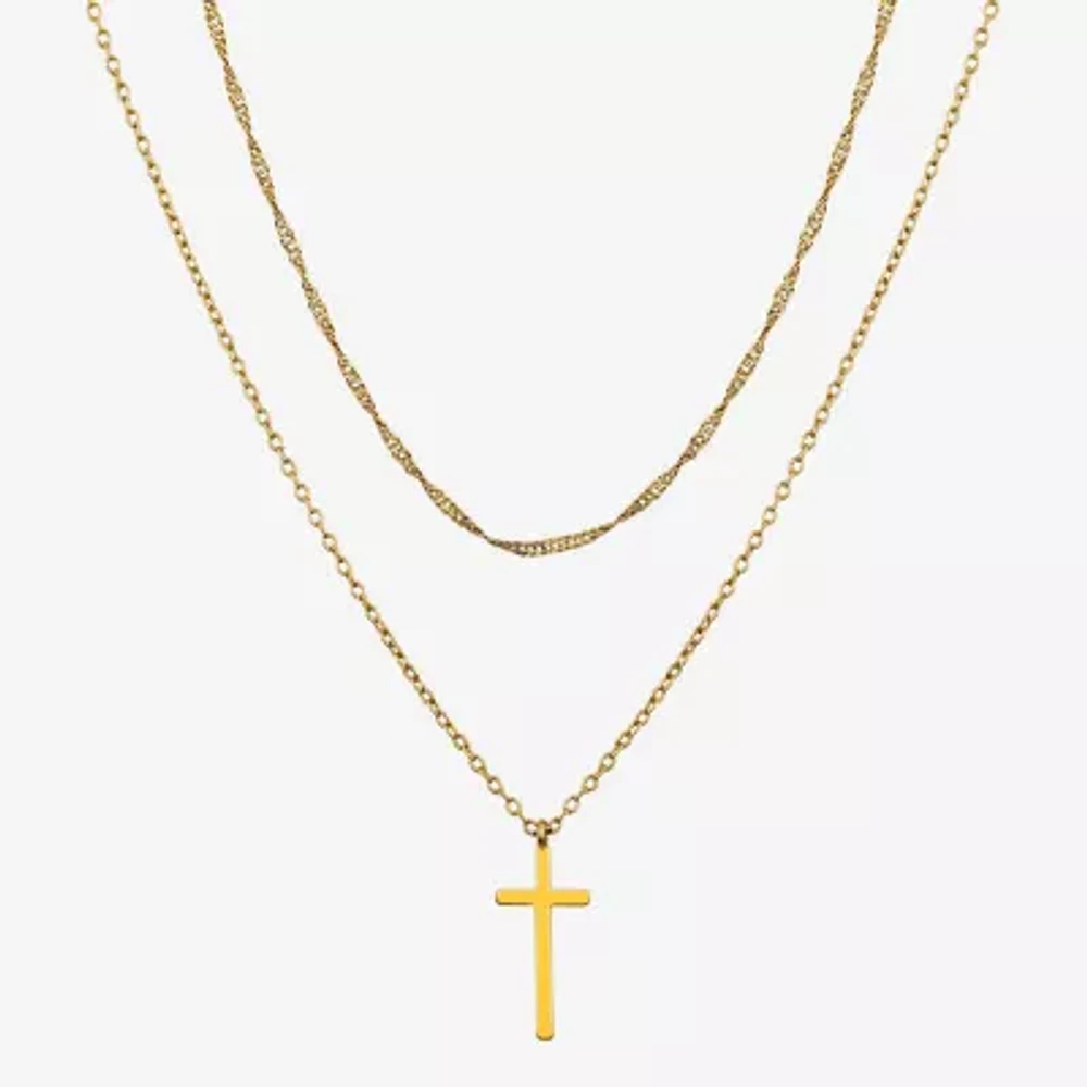 Moda Sport Hypoallergenic Water-Resistant 14K Gold Over Stainless Steel 16 Inch Cable Cross Pendant Necklace