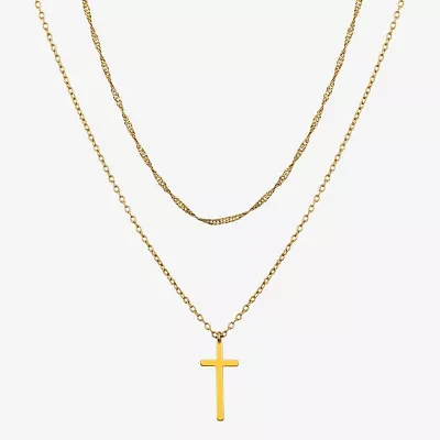 Moda Sport Hypoallergenic Water-Resistant 14K Gold Over Stainless Steel 16 Inch Cable Cross Pendant Necklace