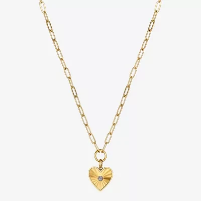 Moda Sport Hypoallergenic Water-Resistant Cubic Zirconia 14K Gold Over Stainless Steel 16 Inch Paperclip Heart Pendant Necklace