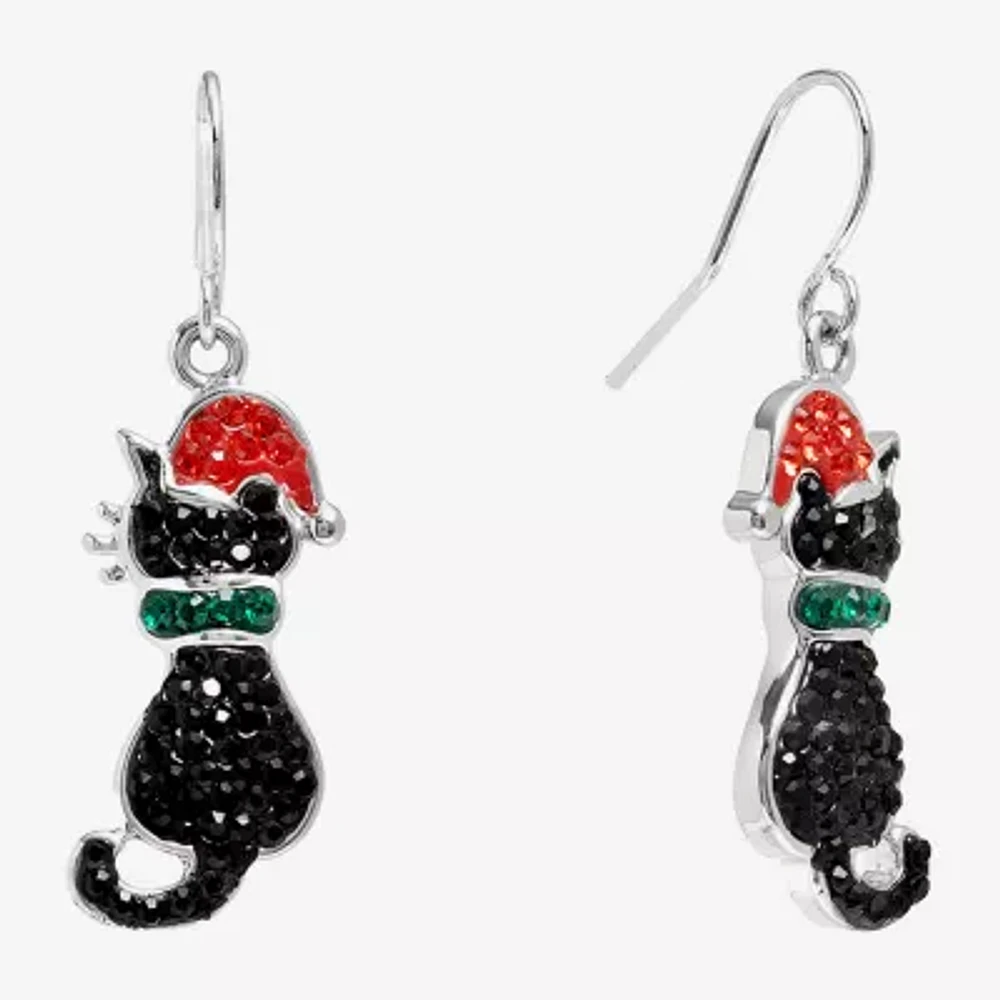 Sparkle Allure Santa Black Cat Crystal Pure Silver Over Brass Drop Earrings