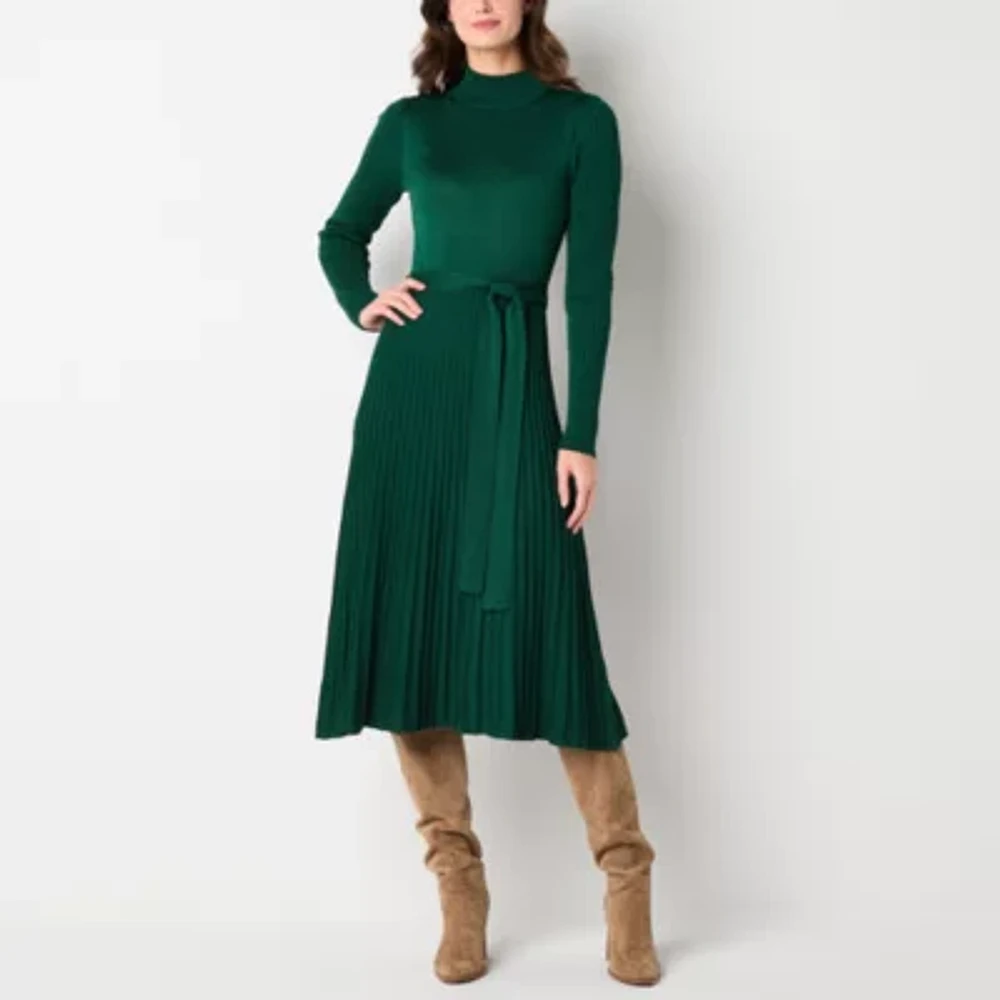 Studio 1 Womens Long Sleeve Belted Midi Sweater Dress