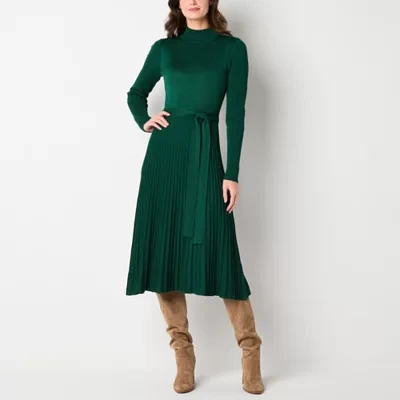 Studio 1 Womens Long Sleeve Belted Midi Sweater Dress