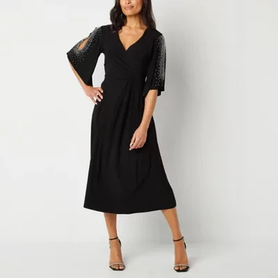 MSK Womens 3/4 Sleeve Embellished Midi Fit + Flare Dress