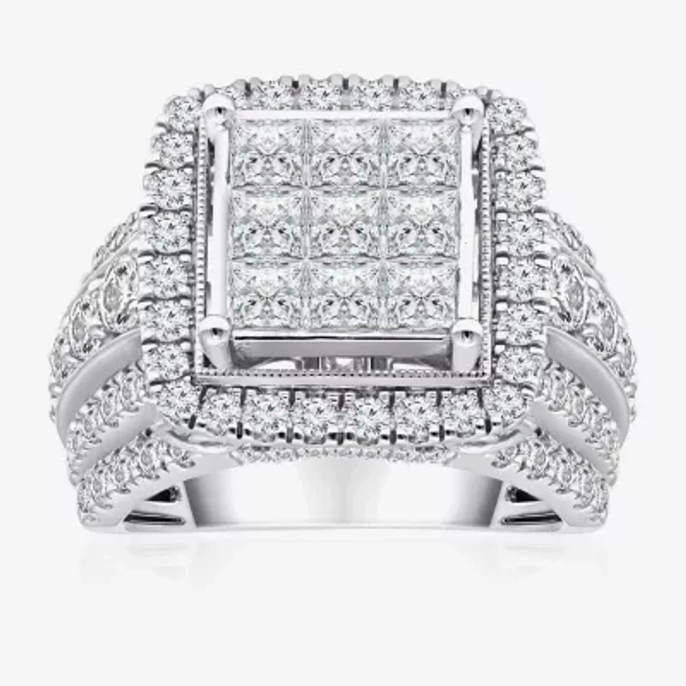 Womens 4 CT. T.W. Natural White Diamond 10K White Gold Cushion Halo Engagement Ring