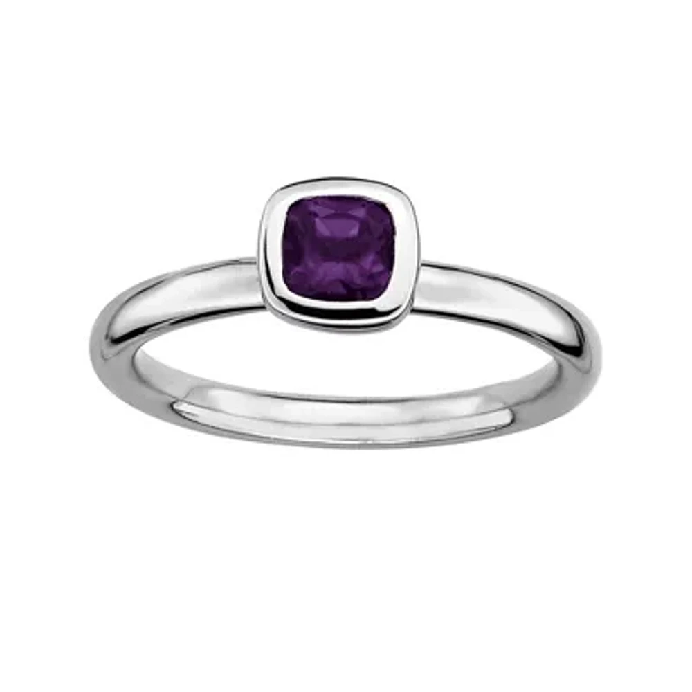 Personally Stackable Cushion-Cut Genuine Amethyst Sterling Silver Ring