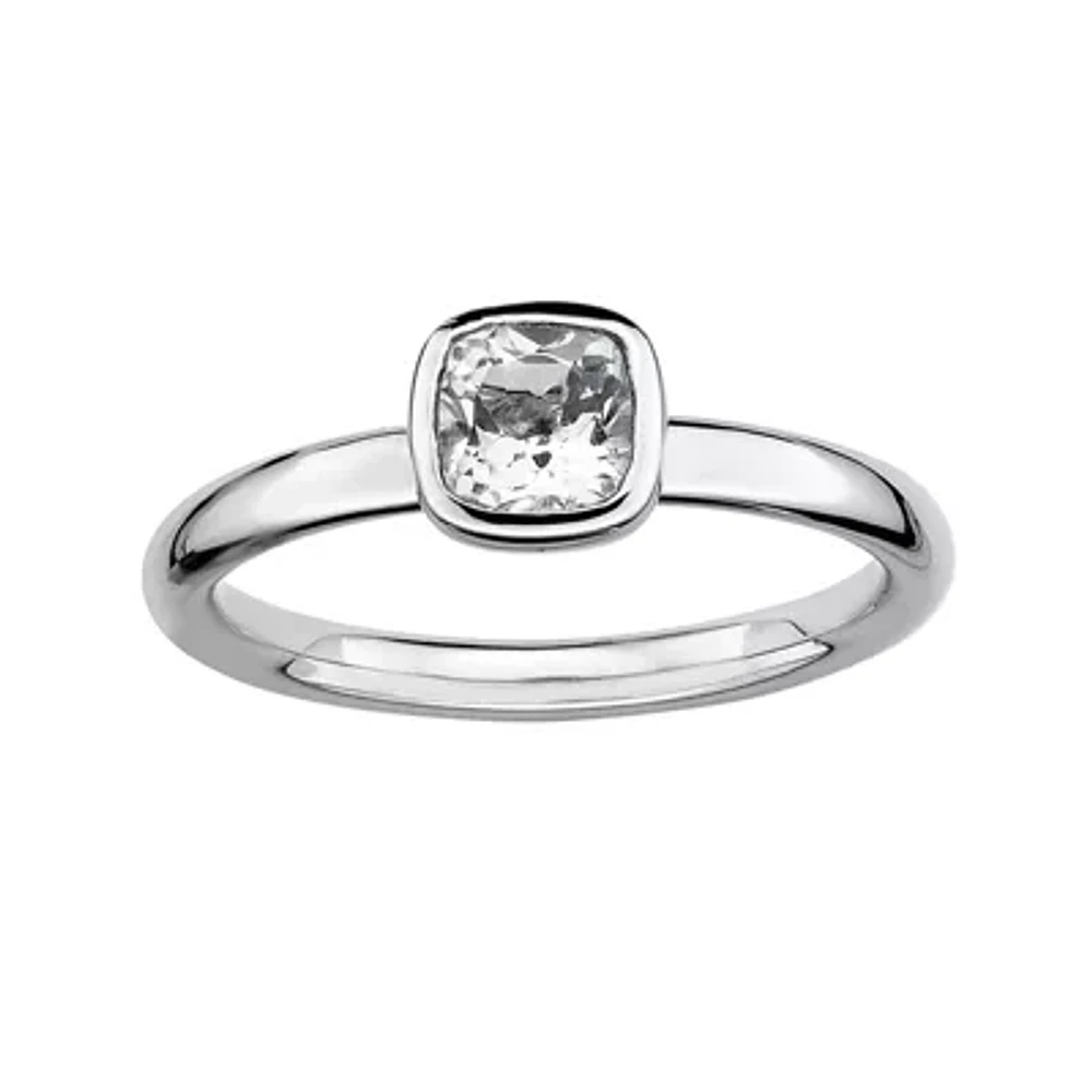 Personally Stackable Cushion-Cut Genuine White Topaz Sterling Silver Ring