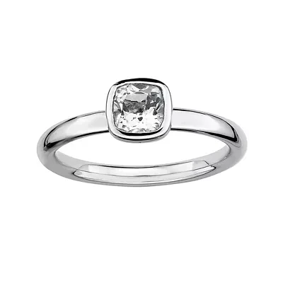 Personally Stackable Cushion-Cut Genuine White Topaz Sterling Silver Ring