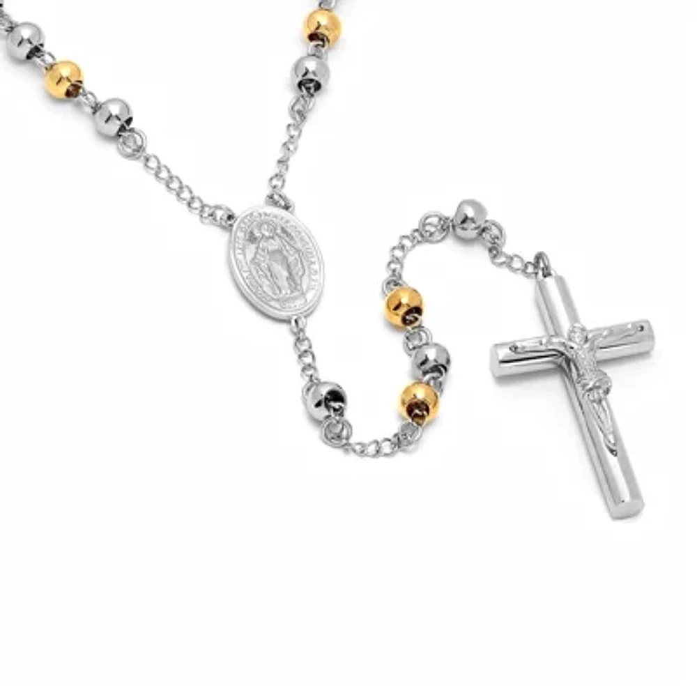 Two-Tone Stainless Steel Cross Rosary Necklace