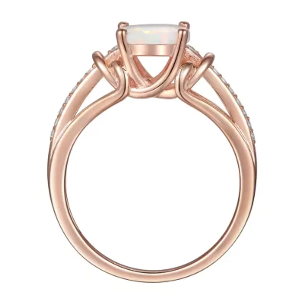 Womens Lab Created White Opal 14K Rose Gold Over Silver Halo Cocktail Ring