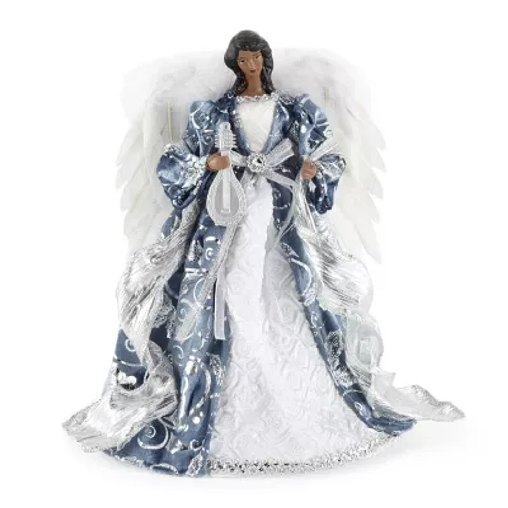 North Pole Trading Co. 12in Blue Silver African American Christmas Angel Figurine