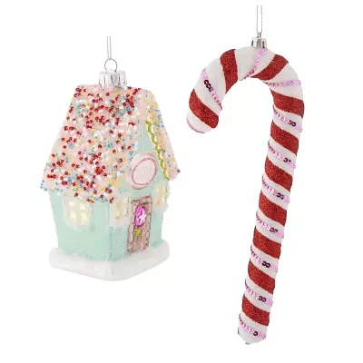 North Pole Trading Co. 2024 House And Candy Cane Set 2-pc. Christmas Ornament