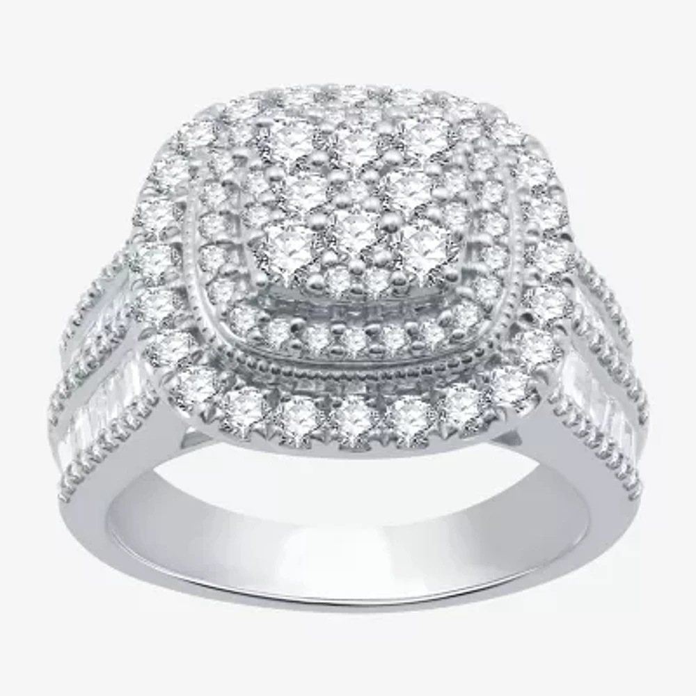 (G / Si1-Si2) Womens 2 CT. T.W. Lab Grown White Diamond 10K Gold Cushion Halo Side Stone Cocktail Ring